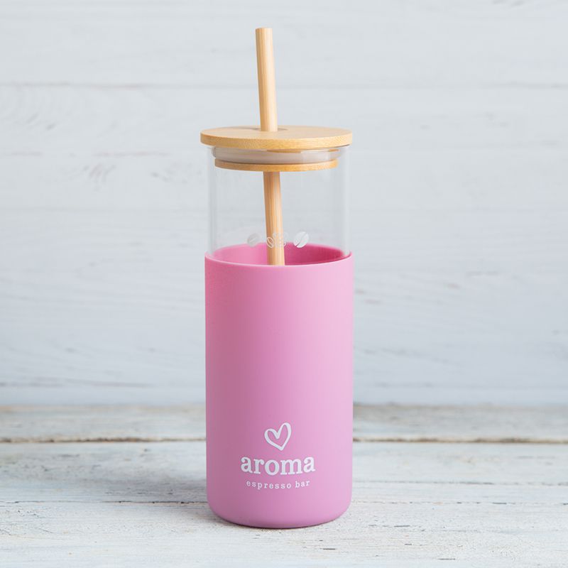 בקבוק זכוכית עם קשית - ורוד