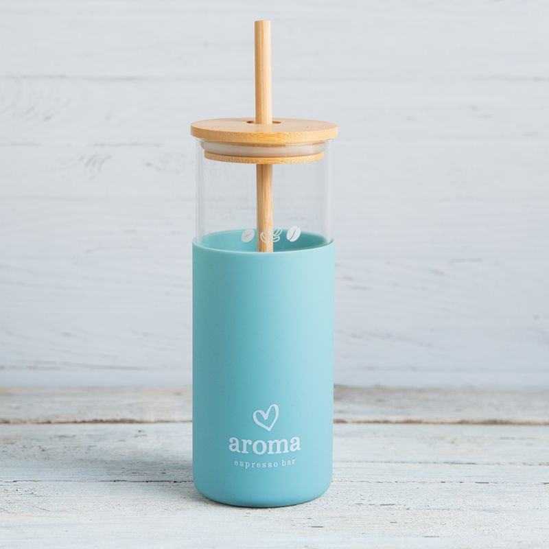 בקבוק זכוכית עם קשית - טורקיז